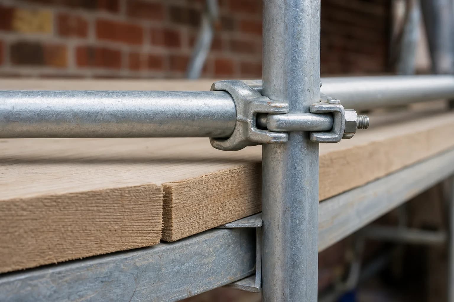 Close-up of a securely fitted scaffold guardrail and right-angle coupler showing quality workmanship